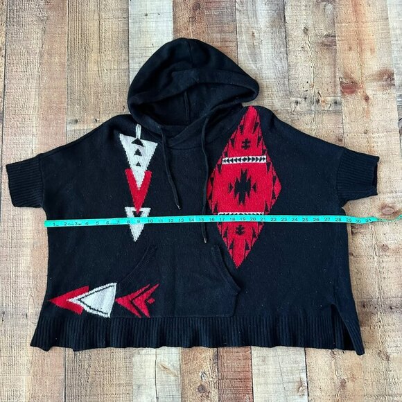 Vintage Ralph Lauren Active Hooded Poncho Sweater XL Black & Red Geometric Wool - Picture 2 of 7